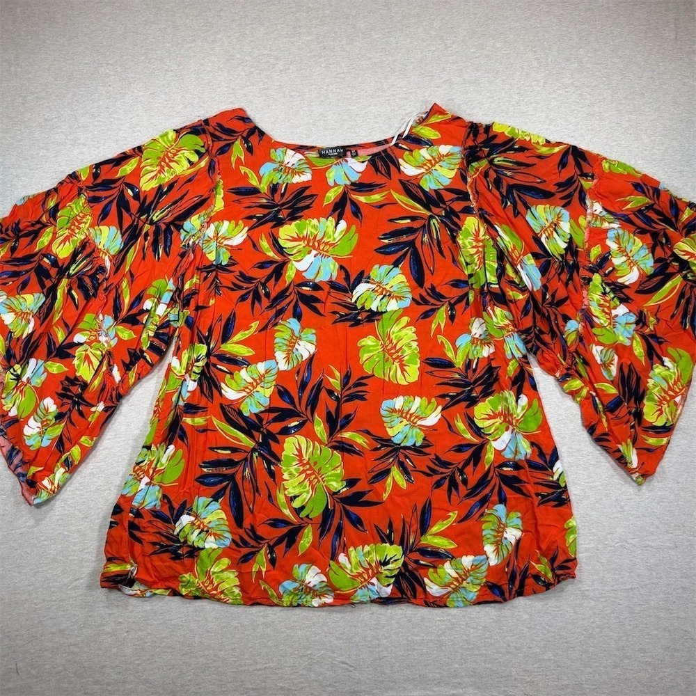 Hannah Plus Size Blouse Womens Plus 2XL Orange Tropical Floral 3/4 Sleeve